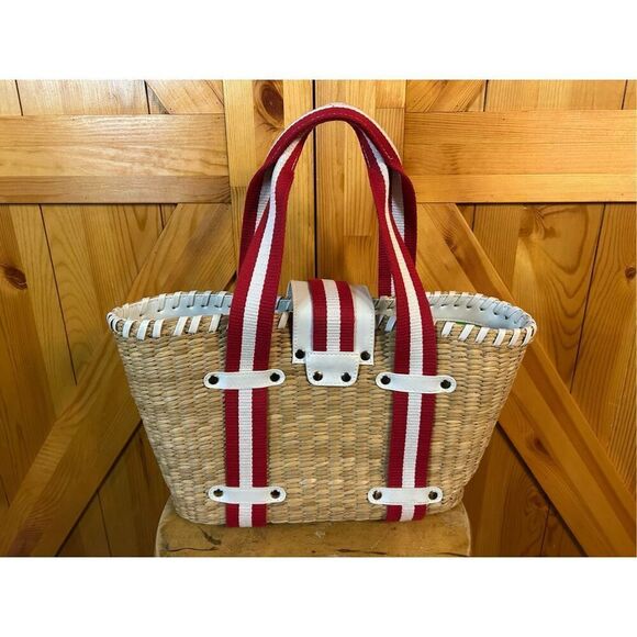 Donna Dixon Jennifer Rattan Basket Weave Red White Strap Tan Tote Handbag Purse - Picture 2 of 10